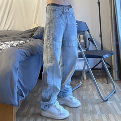 Men Retro Straight Wide Leg Blue Jeans Loose Casual Denim Pants