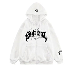 Y2K Zipper Hip Hop Letter Print Oversized Hooded Sweatshirt 2024 New Harajuku