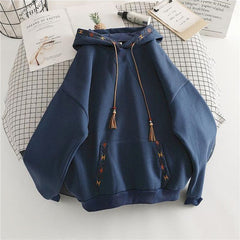 Hoodies Women Plush Hooded Aesthetic Front Pocket Tassel Tie