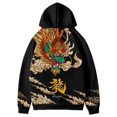 Men Streetwear Harajuku Pullover Anime Flame Dragon Printed Hoodie Pocket Fleece