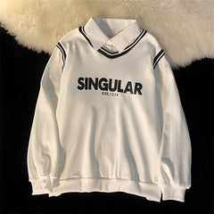 Women's Sweatshirts Preppy Style Fleece Pullover: Full Sleeve Length, Letter Pattern, Cotton-Polyester Blend, Loose Fit, Turn-down Collar