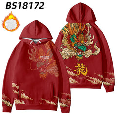 Men Streetwear Harajuku Pullover Anime Flame Dragon Printed Hoodie Pocket Fleece