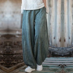 Linen Cargo Pants Vintage Elastic Waist Yoga Trousers Loose Casual Long Wide Leg Oversize