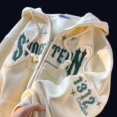 Hoodies Women Embroidery High Quality Hooded Zipper Cardigan Loose Casual