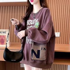 Loose Spliced Pockets Printed Letter Autumn New Casual Pullovers Asymmetrical