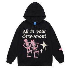 Men Zip Up Hoodie Oversized Skeleton Fashion Graphic Casual
