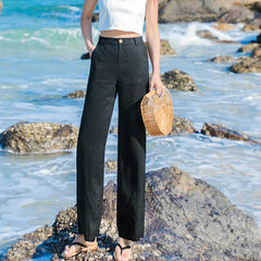 Linen Wide Leg Beach Vintage High Waist Sweatpants Solid Straight Baggy Trousers