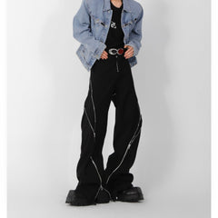 Men Black Slightly Flatrd Pants Vertical and Straight Casual Style Hight Street Retro