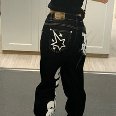 Women's Vintage High Street Baggy Jeans with Letter Print High-Waisted Hip Hop Style