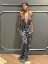Ruched Halter Maxi Backless Dress