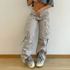 Y2K Vintage Cargo Fashion Streetwear Low Waist Wide Leg Straight Trousers Big Pockets