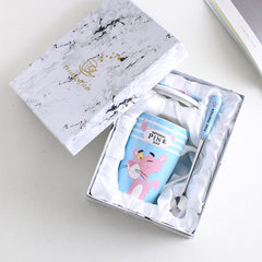 Ceramic Pink Panther Coffee Mug With Spoon Lids Cute Cartoon