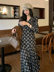 Casual V-Neck Floral Long Dress for Women