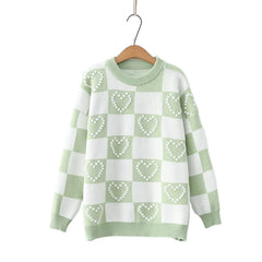 2023 Korean Fashion Sweater: Plaid Embroidery O-Neck Pullover
