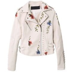Women's Soft Leather Jacket: Autumn Floral Print Embroidery Coat