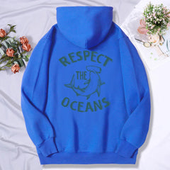 Respect The Oceans Print Fleece Hoodie For Women Street Casual