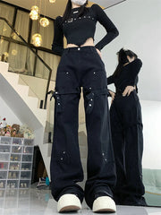 Black Gothic Y2k Cargo Jeans: High Street, All-Season Style