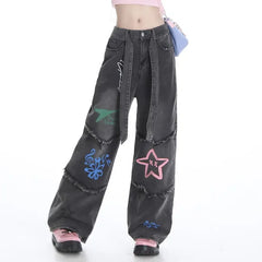 Star Pattern 2024 High Waist Straight Pant Belt Decoration Washed Street Graffiti Raw Edge Splicing
