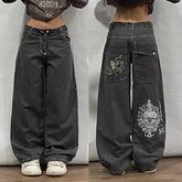 Skull Print Wide Leg Jeans Women Oversized Hip Hop Denim
