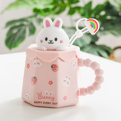 Cartoon Ceramic Mug With Lid and Spoon Creative Cute