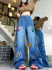Cartoon Baggy Cargo Jeans for Women 2024 Spring Waist Slimming