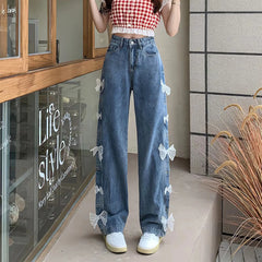 Sweet and Kawaii: Y2k High Waist Lace Bow Denim Pants - New Korean Fashion