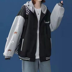 Women's Y2K Hooded Zipper Jacket Casual Loose Korean Coat with Fleece Lining