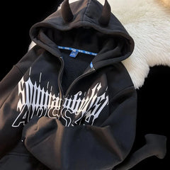 Y2K Kawaii Devil Horn Tail Hip Hop Badge Print Hoodies Cardigan