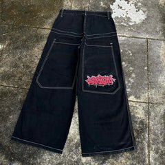 Japanese Graffiti Print Wide-Leg Jeans Women Oversized Spliced Denim Casual