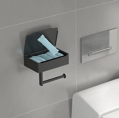 Black Elegance Guard: The Luxury Matt Black Toilet Roll Holder with Slim Storage Compartment