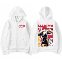 Japan AnimeHooded Makima Funny Print Zip Up Sweatshirt Harajuku Warm Zipper Jacket
