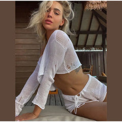 Sexy Beach Crop Top Shorts Set Lace-Up Knit Summer Ensemble