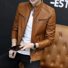 Cotton PU Leather Jacket Autumn Winter Stand Collar Men Loose Casual Zipper Coat