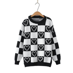 2023 Korean Fashion Sweater: Plaid Embroidery O-Neck Pullover