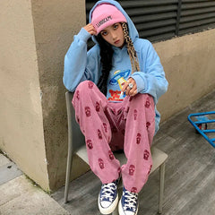 Women's Summer Skulls Drawstring Pants: Loose High Waist Trousers in Popular Korean Preppy Style