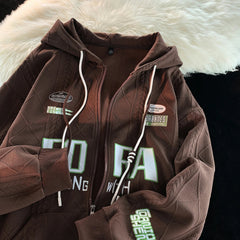Autumn Vintage Letter Print Zip Hoodies Men College Style