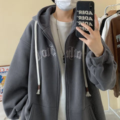 Y2k Women Vintage Zip Up Hoodies Harajuku Casual Letter Print Drawstring