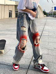 Retro Streetwear Flame Print Jeans: Y2k Blue Fashion for 2023