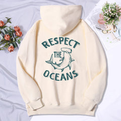 Respect The Oceans Print Fleece Hoodie For Women Street Casual