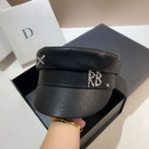 Black Leather Flat Top Baker Boy Hat