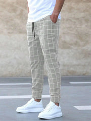 Men's Oversized Plaid Printing Trend Pants with Elastic Waist Drawstring