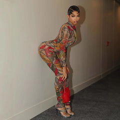 A Print Long Sleeve Mesh Jumpsuit