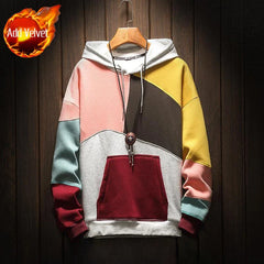 Men Yellow Sweatshirts Hooded Hoodies Fleeced Splicing Funny Streetwear