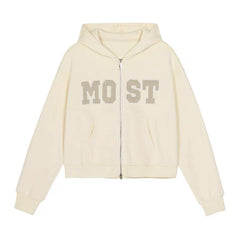 Y2k Hoodies Women Vintage Aesthetic Hip Hop Letter Embroidery Double Zipper