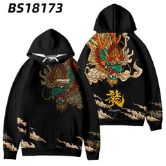 Men Streetwear Harajuku Pullover Anime Flame Dragon Printed Hoodie Pocket Fleece