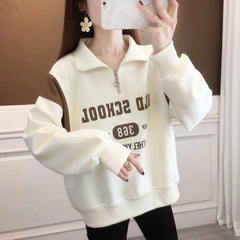 Zipper Spliced Printed Letter Sweatshirts Female Clothing 2024 Spring New Loose All-match