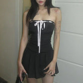 Autumn Dress Women Sweet Lace Trim Bow Pleated Dress Mini Coquette Clothes Kawaii Lolita