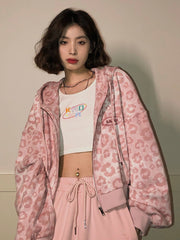 Hoodies Women Leopard Print Oversized Vintage Zipper Cropped Top
