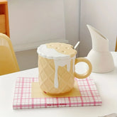 Biscuit Pattern Coffee Mug With Lid And Spoon Kawaii Water Cup Summer Winter