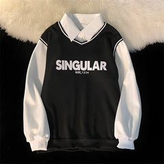 Women's Sweatshirts Preppy Style Fleece Pullover: Full Sleeve Length, Letter Pattern, Cotton-Polyester Blend, Loose Fit, Turn-down Collar